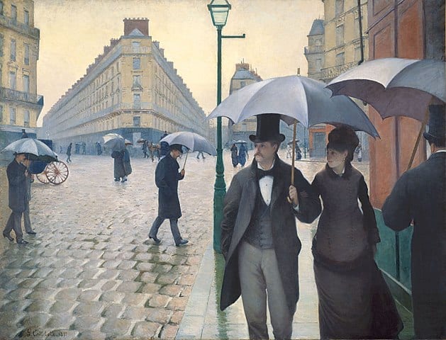 Gemälde, Menschen mit Regenschirm Laufen durch Paris 1877