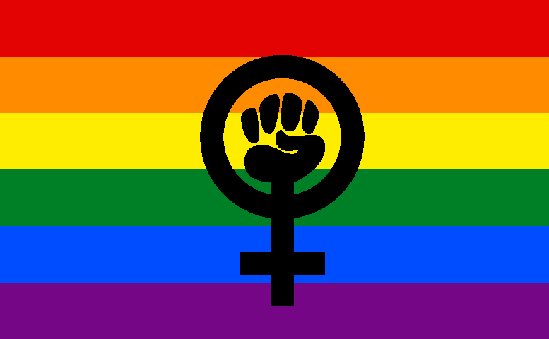 Regenbogenflagge mit Frauenkampfsymbol